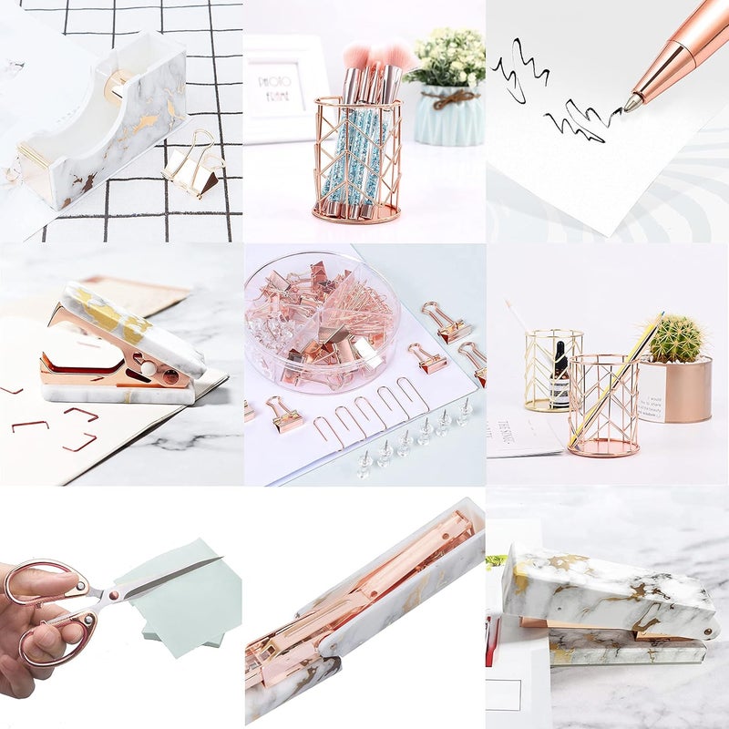 Famassi Rose Gold Marble Desk Accessories, Office Supplies Set Stapler Staple Remover, Tape Holder, Pen 2 Ballpoint Pen, Scissor, Binder Clips, Paper Clips and 1000pcs Staples - Image 5